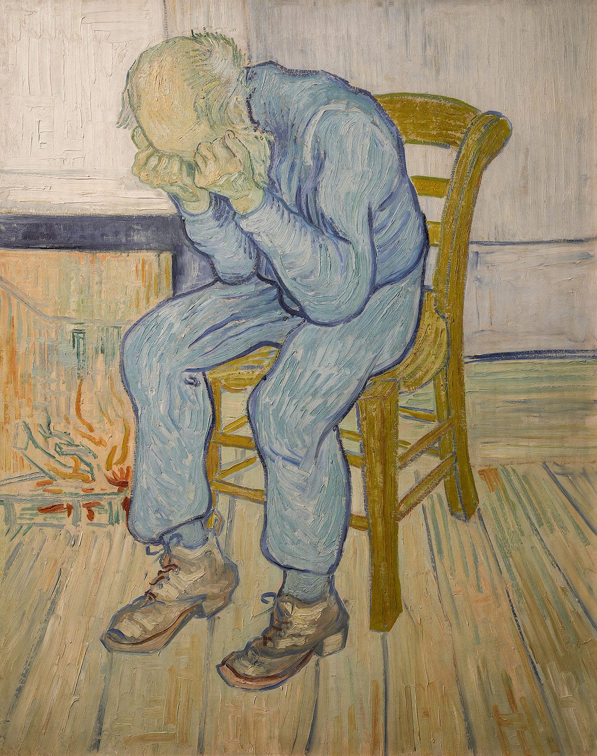 An elderly man sits hunched forward in a wooden chair, his face buried in his hands, conveying despair and emotional exhaustion. The room is sparse, with muted earth tones and expressive brushwork characteristic of Vincent van Gogh.