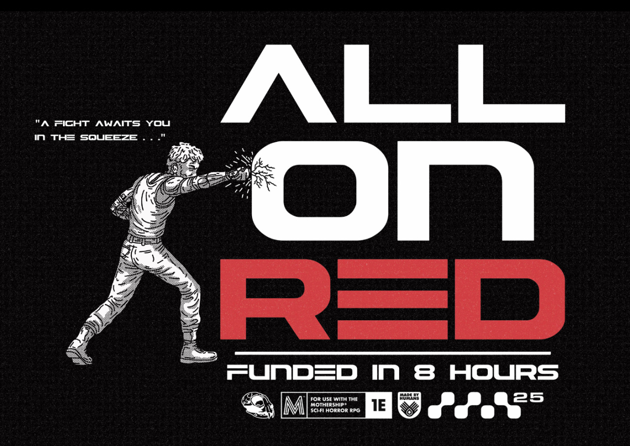 A cybernetic-armed fella punches the titlemark: All in Red. A cybernetic-armed fella punches the titlemark: All in Red.