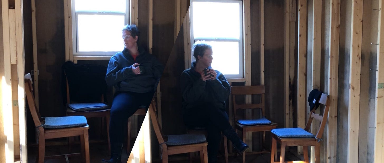 a doubled view of the unfinished room with four chairs in each frame and a person in one chair each