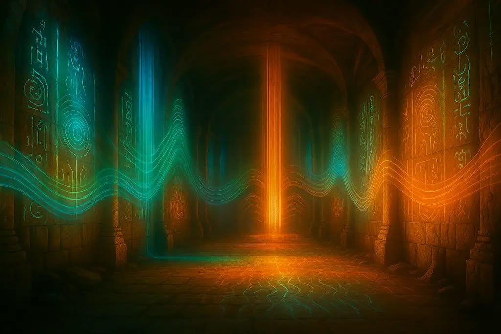 Salão de pedra antigo iluminado por feixes de luz colorida, com murais simbólicos cujos glifos brilham suavemente, enquanto ondas de energia flutuam pelo ar representando música visível em um ambiente místico.