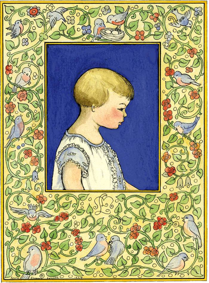 Pen and ink with watercolor illustration of a portrait of a little girl in profile, surrounded by an intricate border with birds, vines, and flowers. Gorgeous illustration originally drawn by artist and writer Louise Sheppa Lovett.