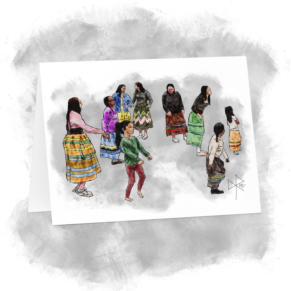 A group of indigenous girls and women at a round dance, with most wearing ribbon skirts. Ribbon skirts are traditionally worn for ceremonial practices, but they can also be worn as everyday wear. Sketch art by Don Rice. A group of indigenous girls and women at a round dance, with most wearing ribbon skirts. Ribbon skirts are traditionally worn for ceremonial practices, but they can also be worn as everyday wear. Sketch art by Don Rice.