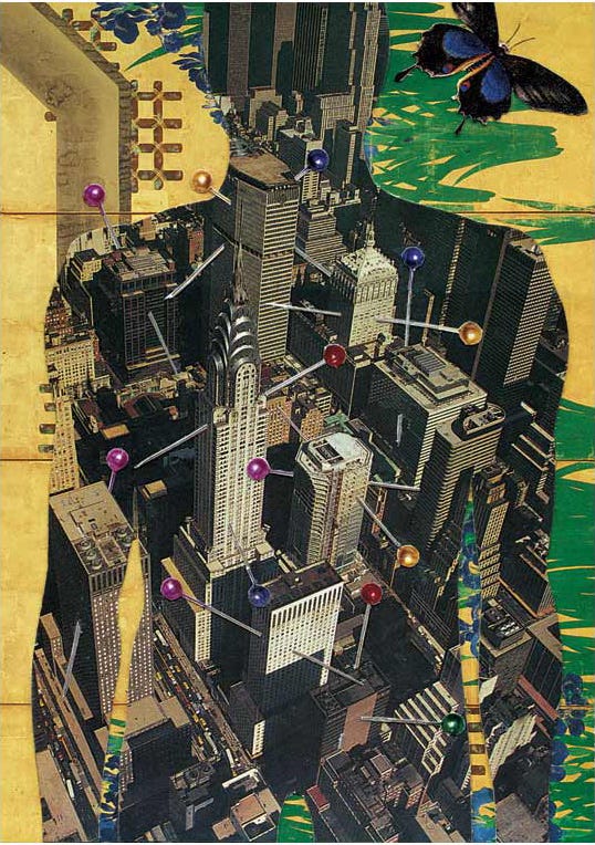 2002 New York postcard collage by Steve Butcher, acupuncture