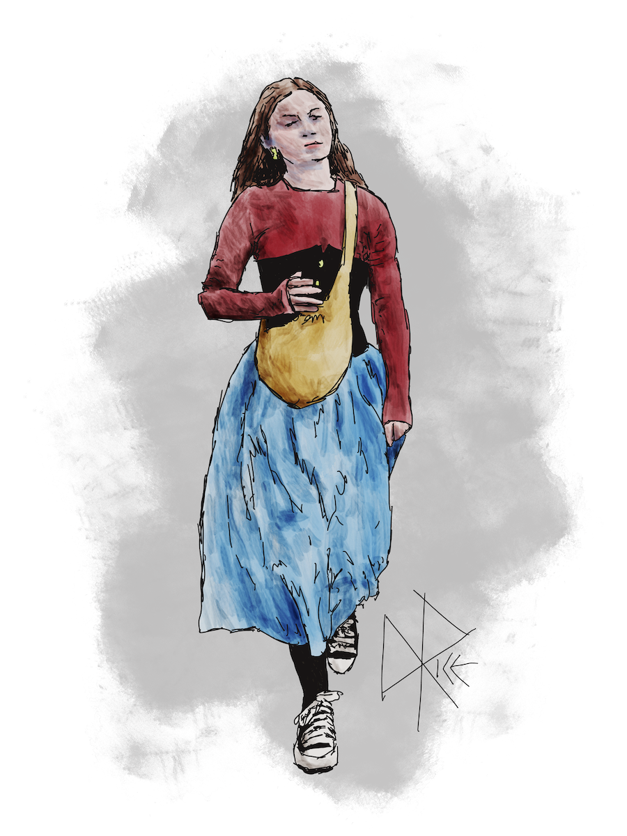 A woman walks briskly while wearing black high-top Chucks, a stiff black corset over a skintight long-sleeved red ‘athleisure’ shirt, and soft light blue skirt billowing around her legs. Sketch art by Don Rice.