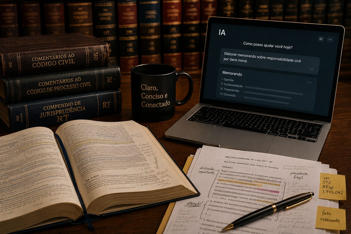 Mesa de trabalho jurídica com livros de comentários ao Código Civil e ao Código de Processo Civil, compêndio de jurisprudência da RT, notebook exibindo uma interface de inteligência artificial, documentos jurídicos anotados e caneca com a frase “Claro, Conciso e Conectado”. A imagem representa a relação entre formação jurídica tradicional, julgamento profissional e o uso de IA na advocacia. Mesa de trabalho jurídica com livros de comentários ao Código Civil e ao Código de Processo Civil, compêndio de jurisprudência da RT, notebook exibindo uma interface de inteligência artificial, documentos jurídicos anotados e caneca com a frase “Claro, Conciso e Conectado”. A imagem representa a relação entre formação jurídica tradicional, julgamento profissional e o uso de IA na advocacia.