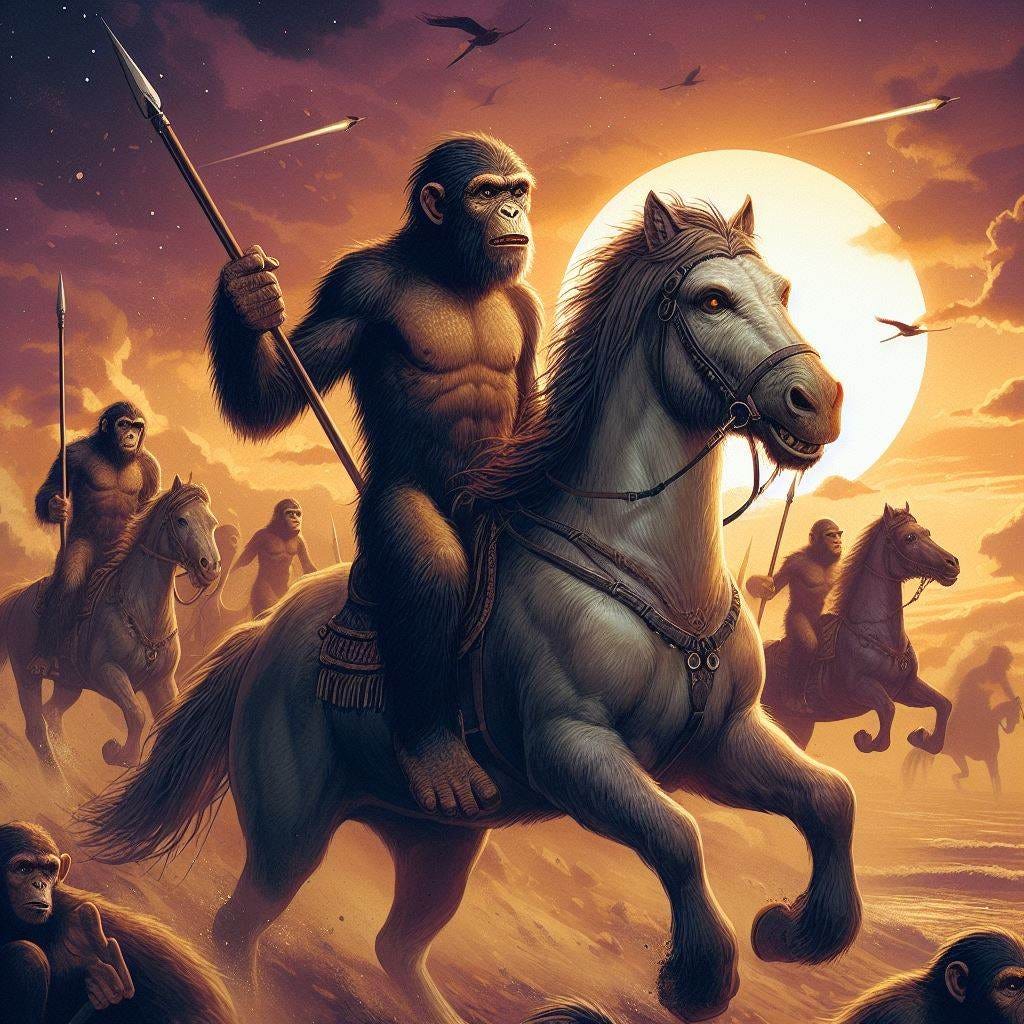 humanoid apes riding horses and holding spears