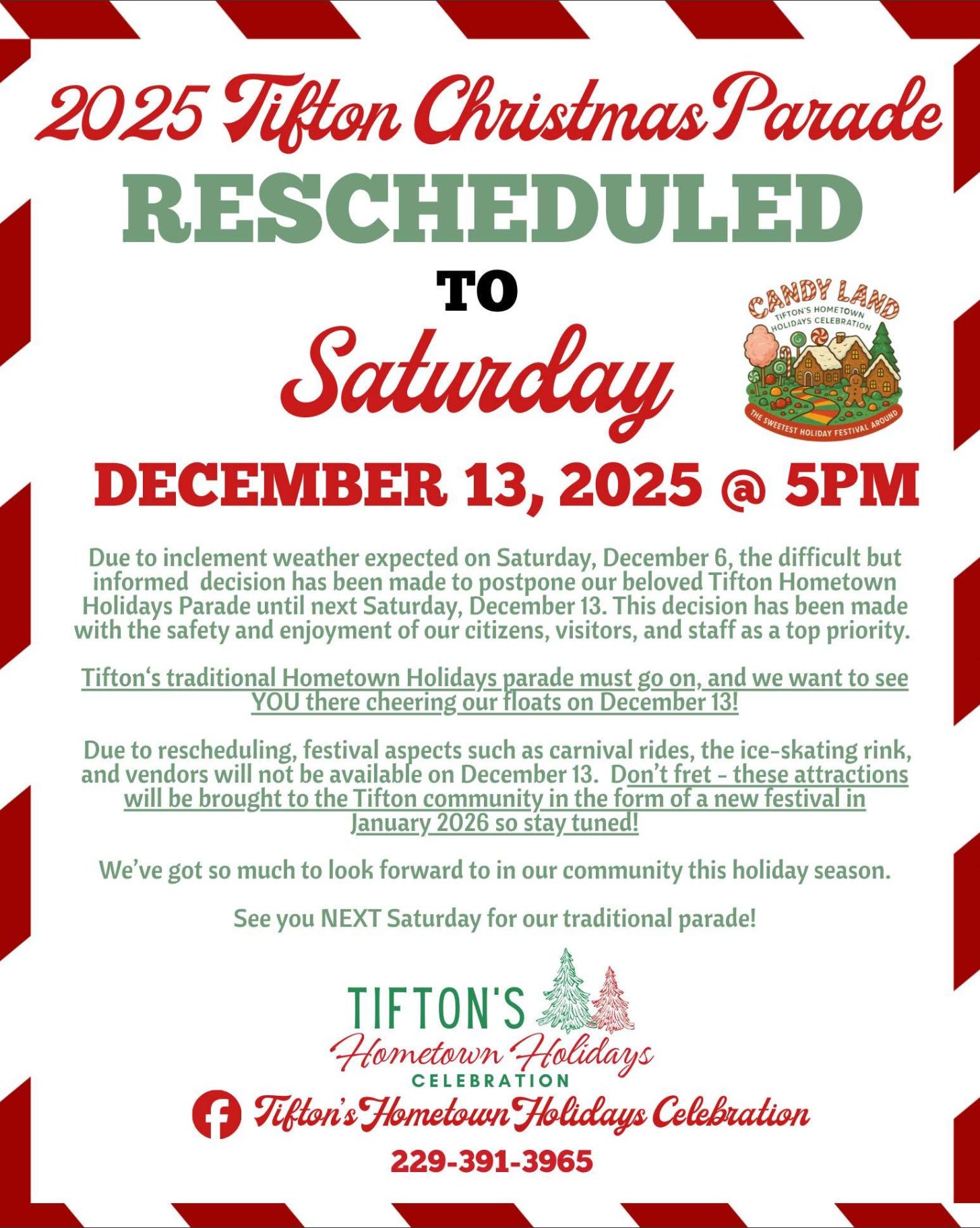 The image depicts an information image stating the City of Tifton Christmas Parade was rescheduled to December 13, 2025 due to weather issues. 