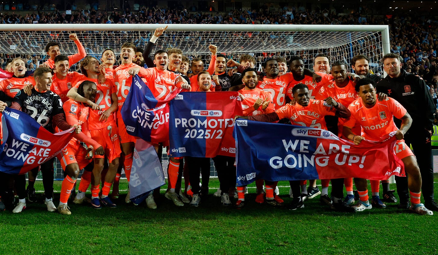 <p>Coventry City celebrate after winning promotion to the Premier League</p>