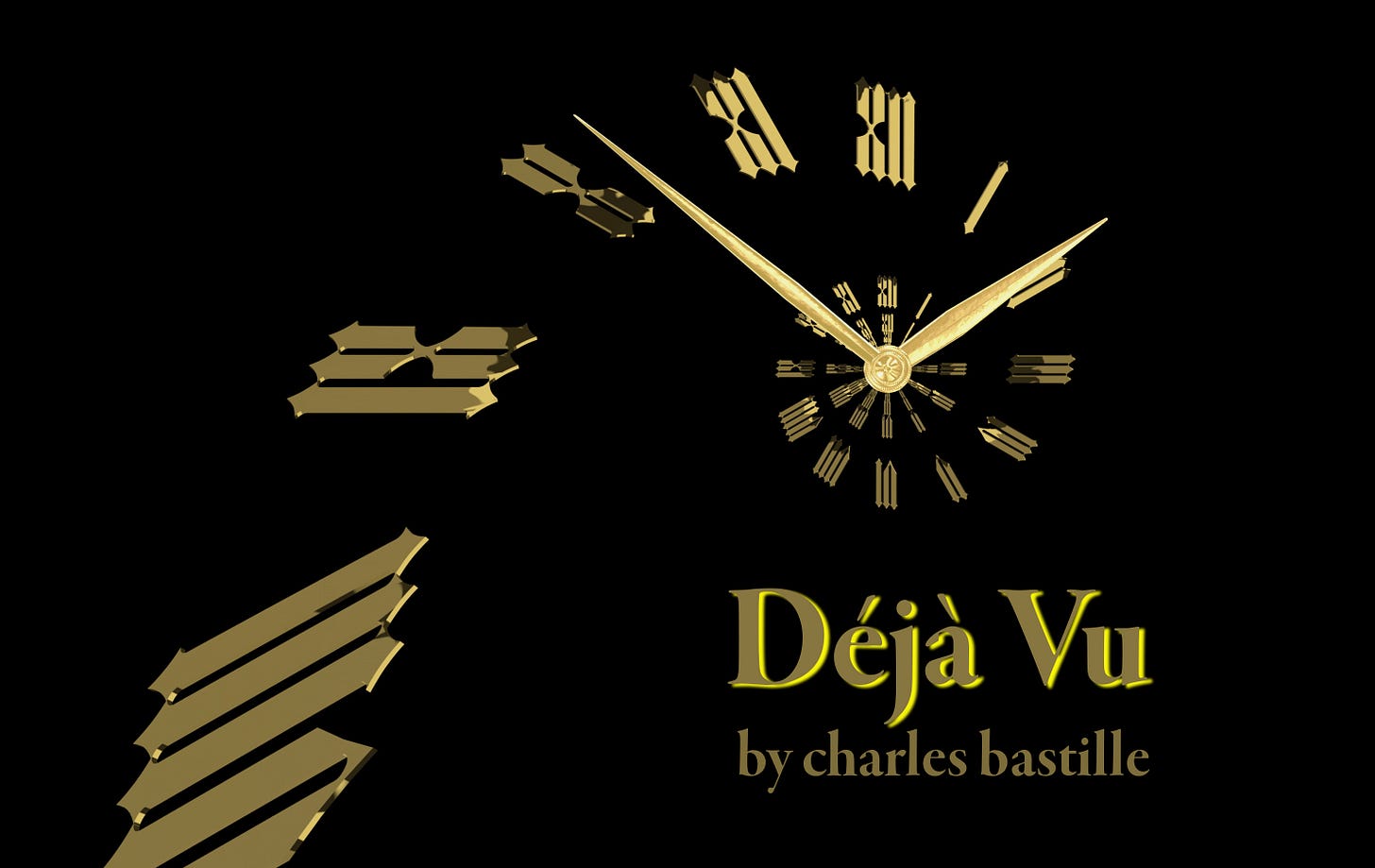 Clock numbers expanding into larger icons as they fall in a circle toward the bottom of the black background. Title of short story, Déjà Vu under the half circle of the clock