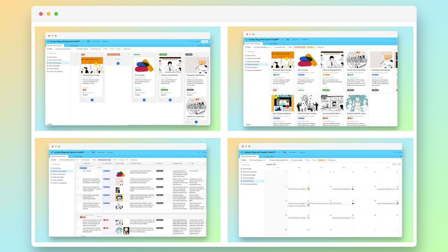 Airtable 不同風格樣式的部落格管理介面示意 (行事曆、看板、分類 … 等)