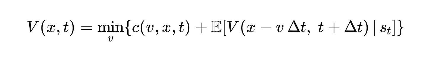 V(x, t) = \min_{v}\!\left\{c(v, x, t) + \mathbb{E}\!\left[V(x - v\,\Delta t,\; t + \Delta t) \,\middle|\, s_t\right]\right\}