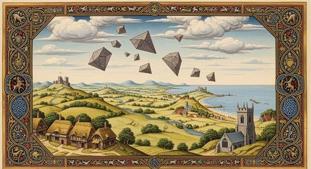 Medieval-style illustration of triangular objects over Essex countryside with ancient settlements below Medieval-style illustration of triangular objects over Essex countryside with ancient settlements below