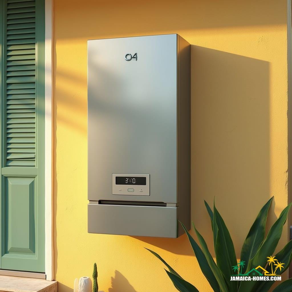 Tankless Water Heater: A close-up of a sleek, modern tankless water heater mounted on an exterior wall of a Jamaican home, with a clean design that highlights its energy-efficient features.