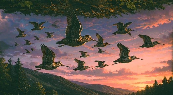 flying flock of woodcocks