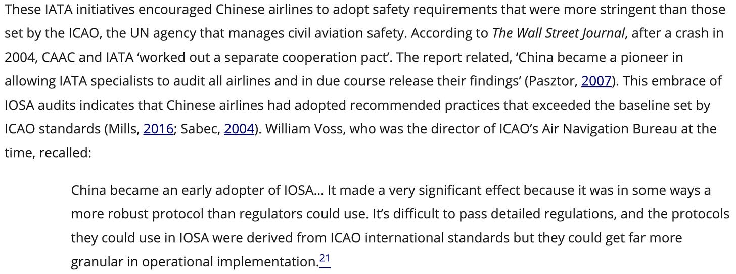 Text excerpt discussing IATA initiatives and Chinese airline safety standards adoption.
