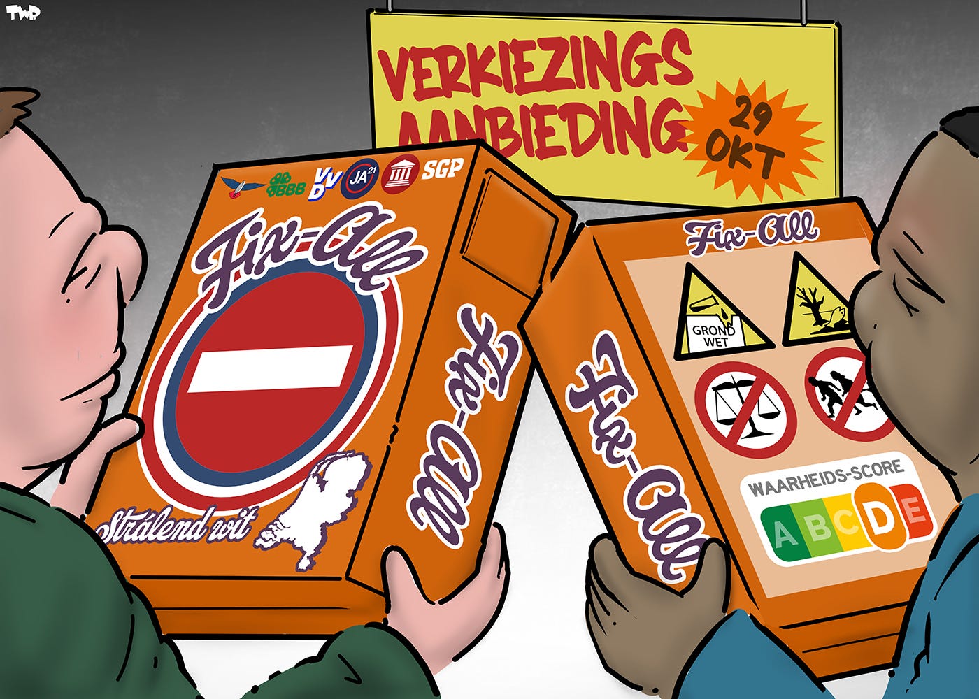 Cartoon waarop twee personen (een wit, een van kleur) te zien zijn, die allebei een pak wasmiddel vasthouden. Op de voorkant staat een verboden in te rijden bord met daarboven in sierlijke letters 'Fix-All' en de logos van PVV, BBB, VVD, SGP en JA21. Daaronder zien we een wit silhouet van Nederland met de tekst 'Stralend wit'. De persoon van kleur bekijkt de achterkant van het pak wasmiddel, waarop diverse waarschuwingslabels te zien zijn: 'Slecht voor het milieu, slecht voor de grondwet, niet gebruiken in combinatie met vluchtelingen of rechtvaardigheid, waarheid-score D'. Boven de personen hangt een bord met de tekst 'Verkiezingsaanbieding'.