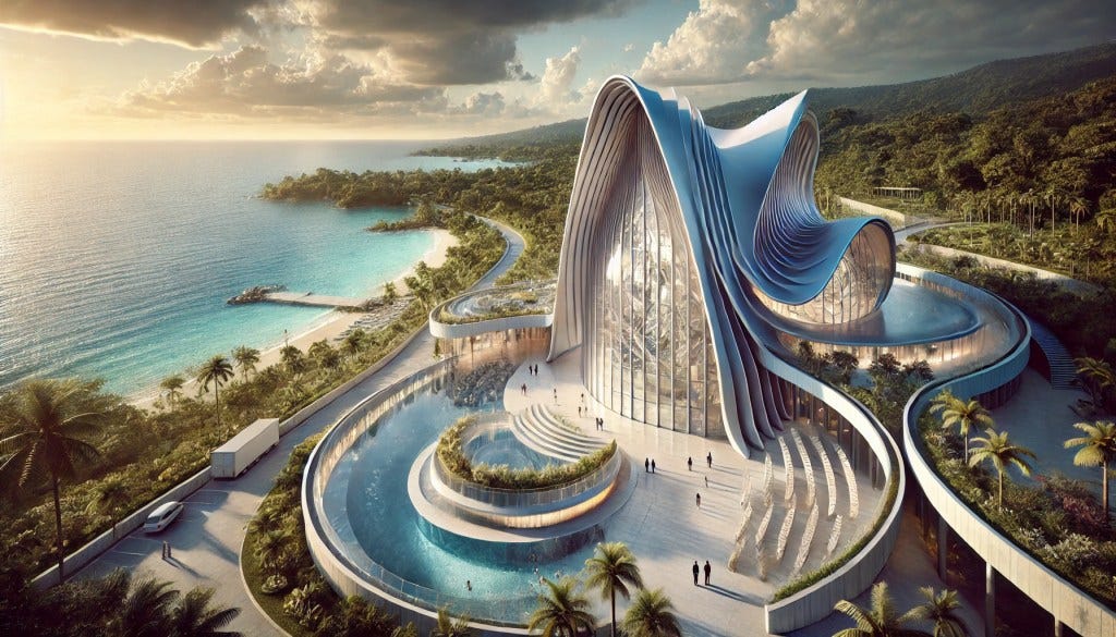 Futuristic Church on Jamaica's North Coast: A stunning, ultra-modern church perched near the coastline, with a curving, wave-like design inspired by the Caribbean Sea. The building features expansive glass walls offering breathtaking ocean views, eco-friendly elements like rainwater harvesting, and spaces for worship, meditation, and outdoor gatherings. The lush tropical surroundings enhance its connection to nature, making it a serene and inspiring place for the community.