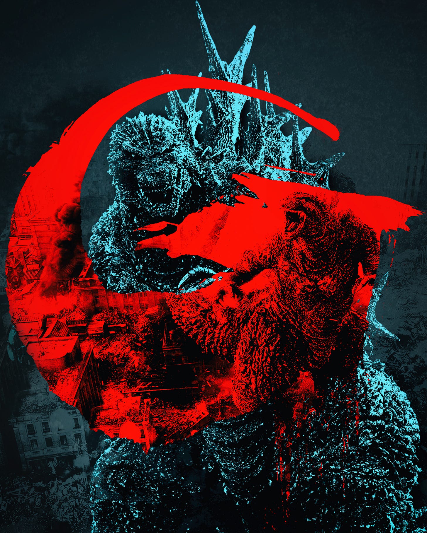 Original artwork by James Bareham. A close-up duotone illustration of two towering creatures — Godzilla in teal above, a second monster in red below — locked in confrontation. A red brushstroke arc — the Godzilla Minus One logo — bisects the composition dramatically. The dark, textured cityscape background is rendered in deep teal and shadow, with flecks of red suggesting fire and devastation.