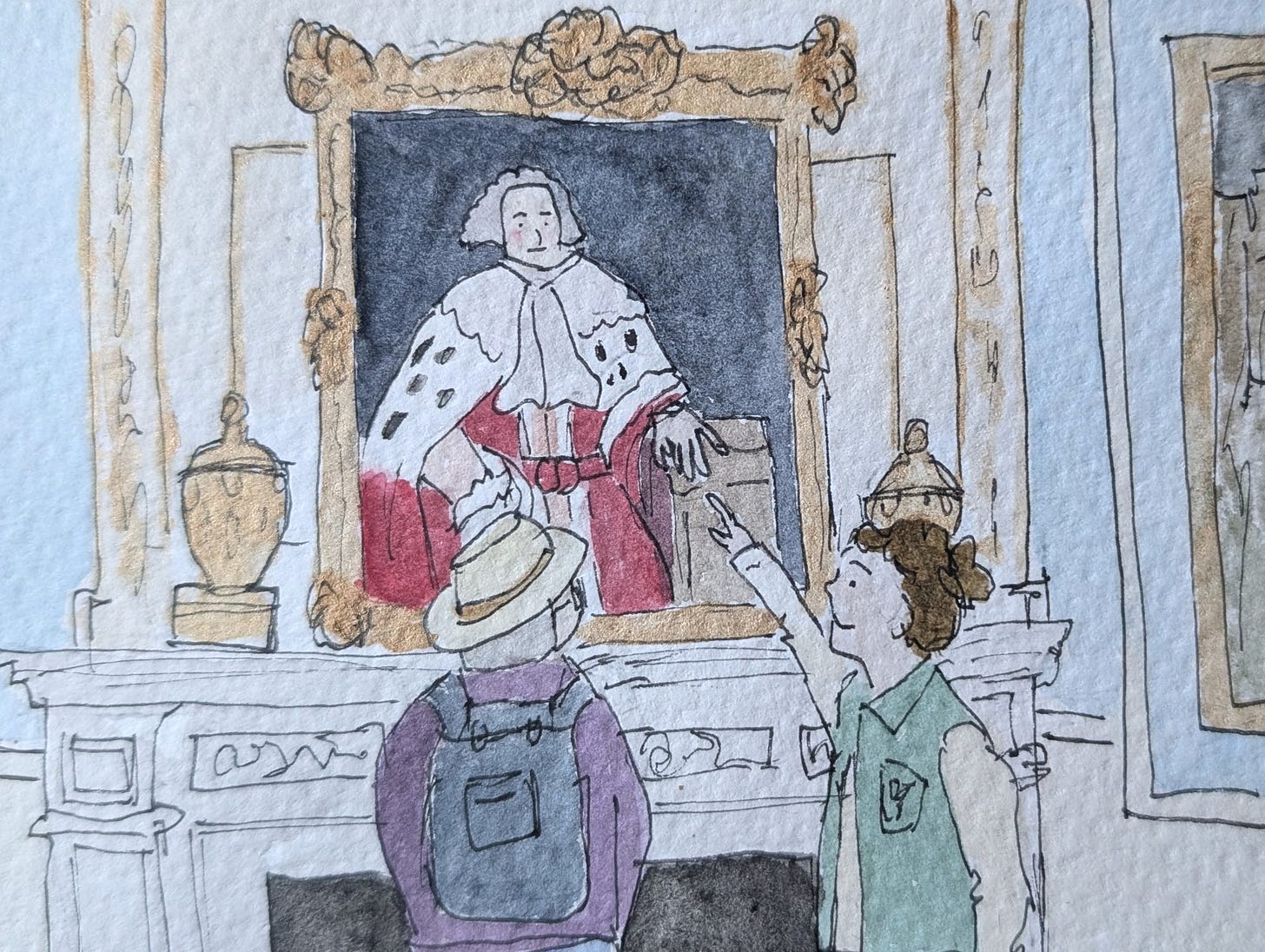 Hand-drawn pen and watercolour illustration of Andrea, wearing a sun hat, and a National Trust volunteer standing in a grand historic room and looking closely at a large framed portrait. The volunteer points towards the unusually proportioned hand of the person in the painting as the two women examine it together.
