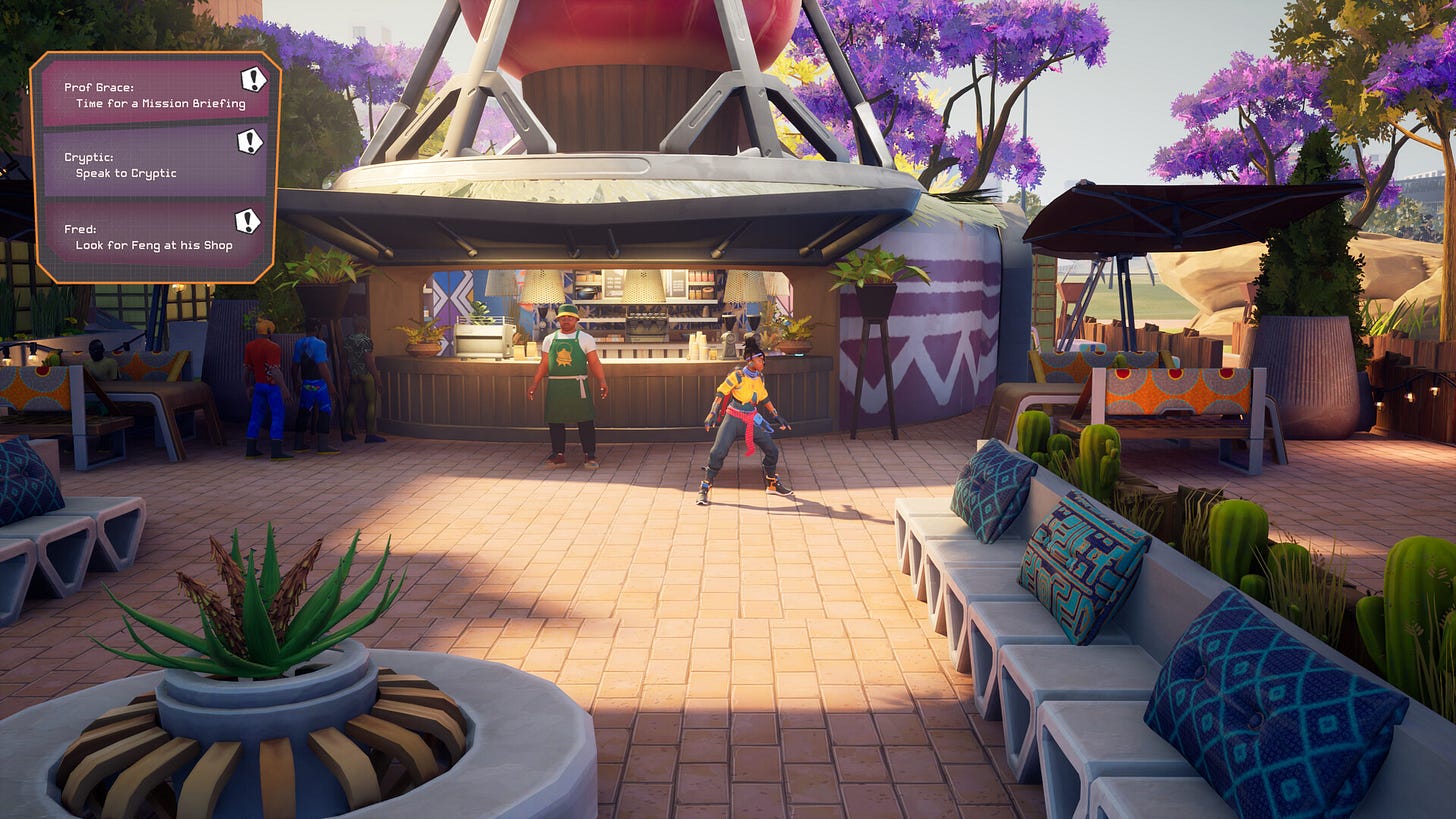 An outdoor cafe in a future Johannesburg 