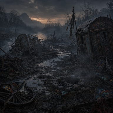 Ruins of Irene's Vistani camp at dusk along the Raven River. Broken wagons half-sunk in mud, shattered stained glass glinting faintly in mist. Faded paint peeling from curved roofs, remnants of campfire stones surrounded by creeping fog. Somber Barovian atmosphere, muted colors, no characters visible.