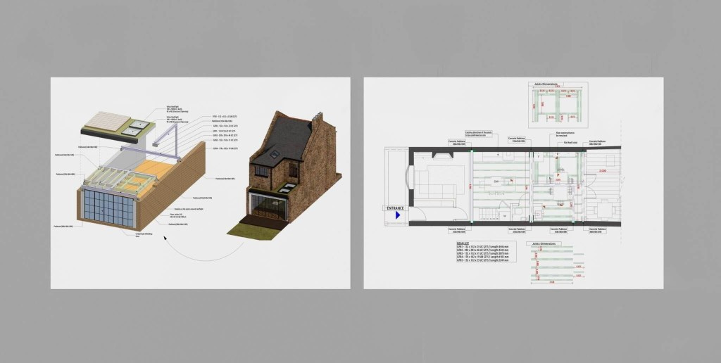 Detailed building regulations drawings for an extension project, showcasing an exploded view of construction components and a floor plan with technical specifications, prepared by Urbanist Architecture. Detailed building regulations drawings for an extension project, showcasing an exploded view of construction components and a floor plan with technical specifications, prepared by Urbanist Architecture.