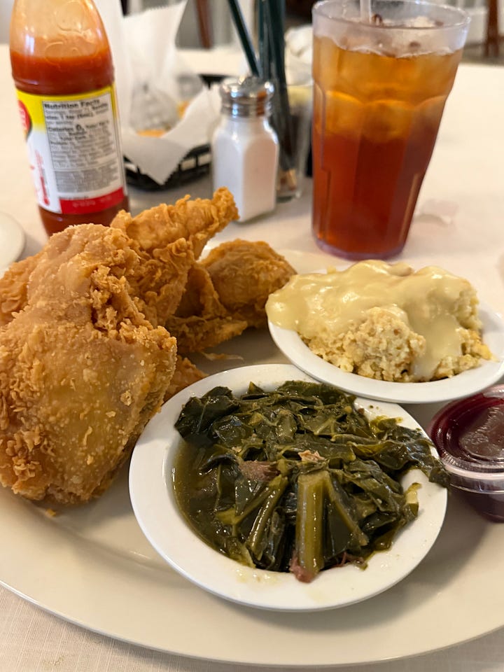 the outside of mary mac's tea room in atlanta georgia and a plate of fried chicken