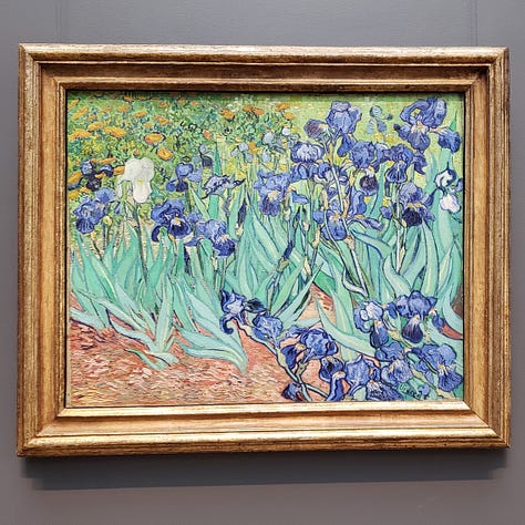 Photo of LA view with Getty architecture (left), photo of succulents in the garden (center), photo of Irises by Vincent van Gogh (right).