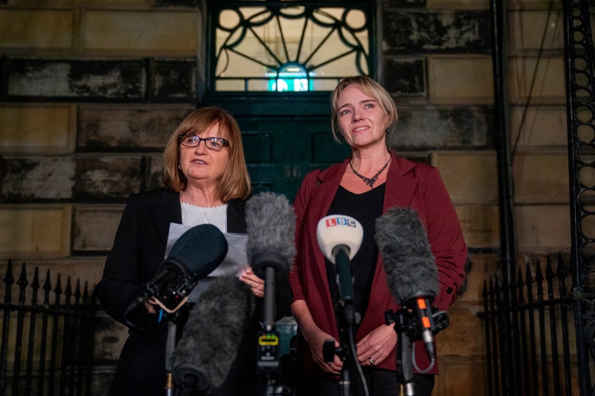 Solicitor Margaret Gribbon (left) and nurse Sandie Peggie (right) speaking to microphones outside Edinburgh Tribunals Service. Solicitor Margaret Gribbon (left) and nurse Sandie Peggie (right) speaking to microphones outside Edinburgh Tribunals Service.