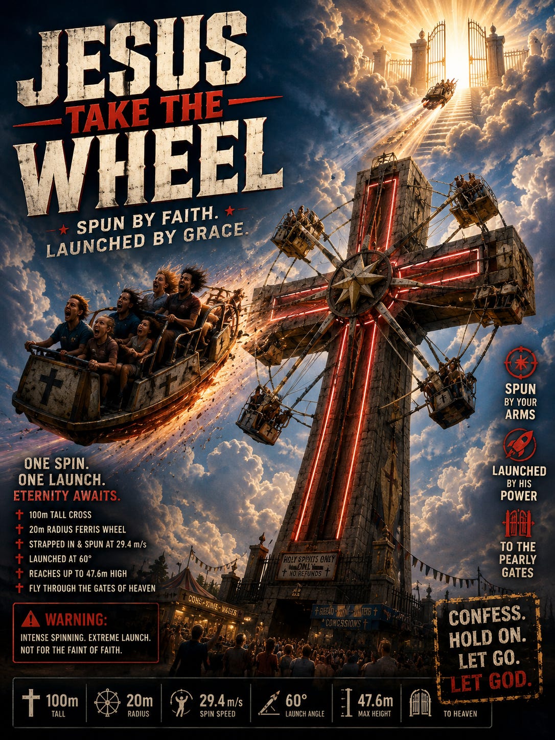 A fictional Bad Idea Park poster for Jesus Take the Wheel, featuring a giant Ferris wheel mounted on a towering illuminated cross. Riders are spun around the wheel before being launched through the air toward glowing pearly gates in the clouds above. The poster blends amusement park marketing, religious imagery, and physics concepts with tongue-in-cheek slogans such as “Spun by Faith. Launched by Grace.” and “Confess. Hold On. Let Go. Let God.” The ride is presented as a scientifically calculated but deeply questionable engineering project created by a physics student. A fictional Bad Idea Park poster for Jesus Take the Wheel, featuring a giant Ferris wheel mounted on a towering illuminated cross. Riders are spun around the wheel before being launched through the air toward glowing pearly gates in the clouds above. The poster blends amusement park marketing, religious imagery, and physics concepts with tongue-in-cheek slogans such as “Spun by Faith. Launched by Grace.” and “Confess. Hold On. Let Go. Let God.” The ride is presented as a scientifically calculated but deeply questionable engineering project created by a physics student.