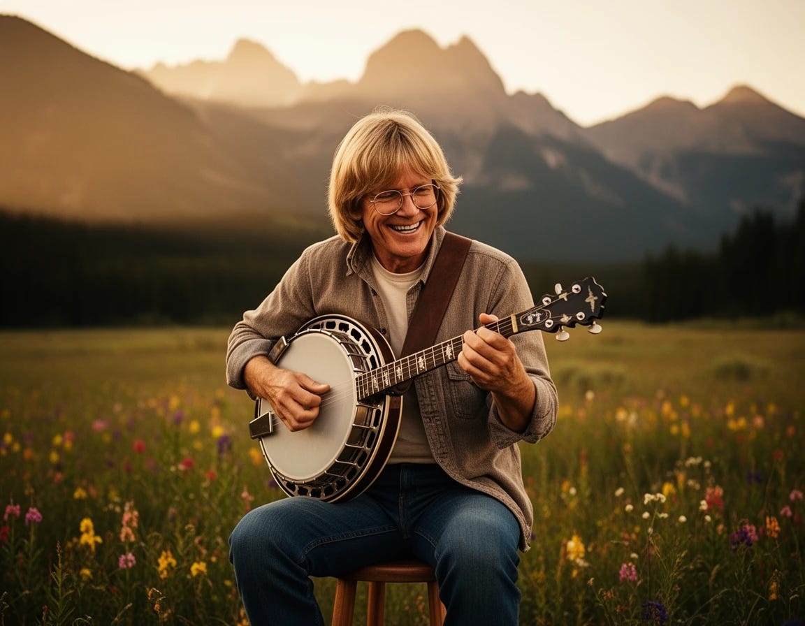 John Denver the folk singer, with mop haircut, wearing glasses playing the banjo in Aspen Colorado