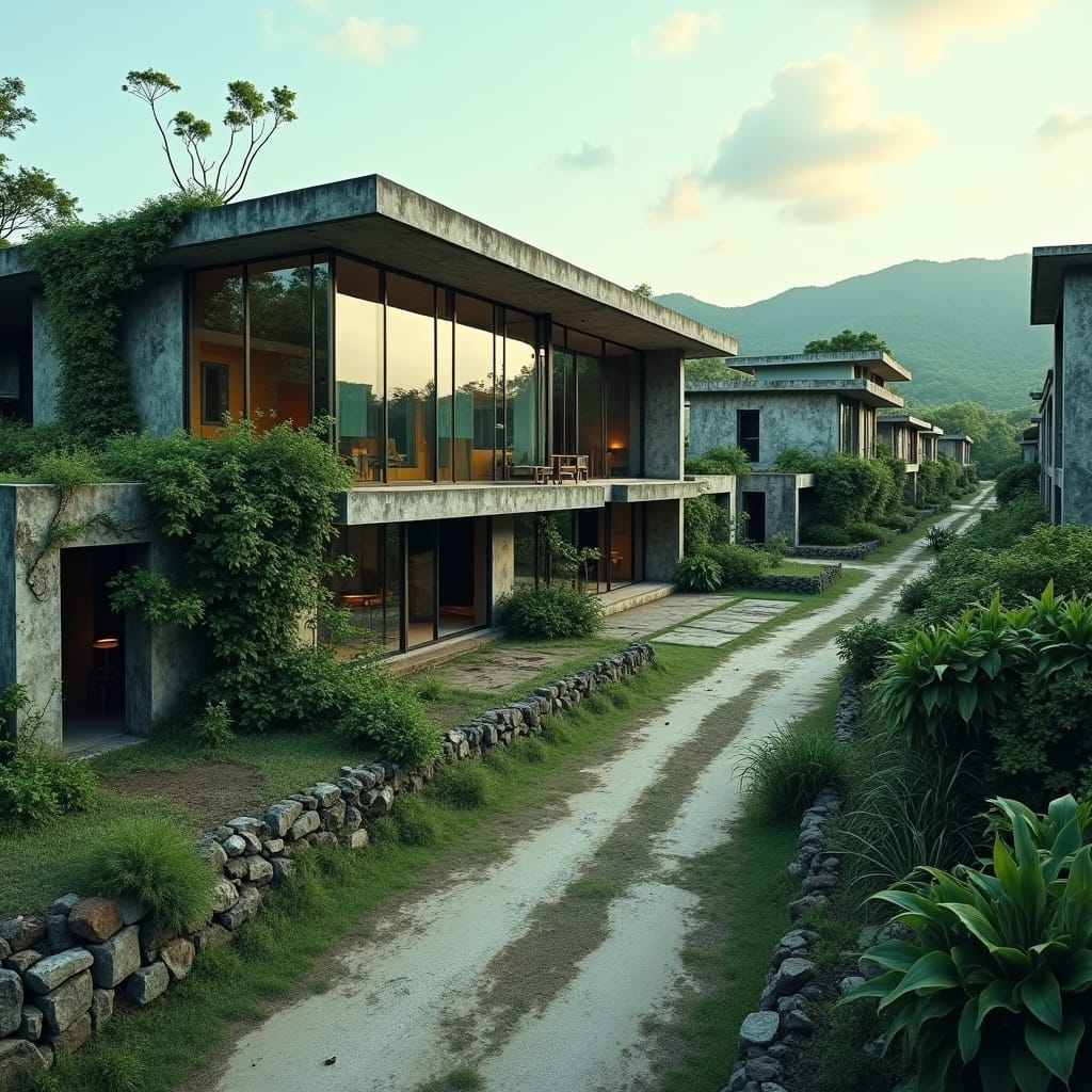 A sleek, modern mansion stands in stark contrast to its surroundings, situated in the midst of a neglected Jamaican town, where crumbling, unfinished houses line the streets, their exposed cinder blocks overtaken by lush greenery and vines. The mansion's façade is a dazzling display of glass and steel, reflecting the vibrant hues of the tropical environment. A sleek, modern mansion stands in stark contrast to its surroundings, situated in the midst of a neglected Jamaican town, where crumbling, unfinished houses line the streets, their exposed cinder blocks overtaken by lush greenery and vines. The mansion's façade is a dazzling display of glass and steel, reflecting the vibrant hues of the tropical environment.