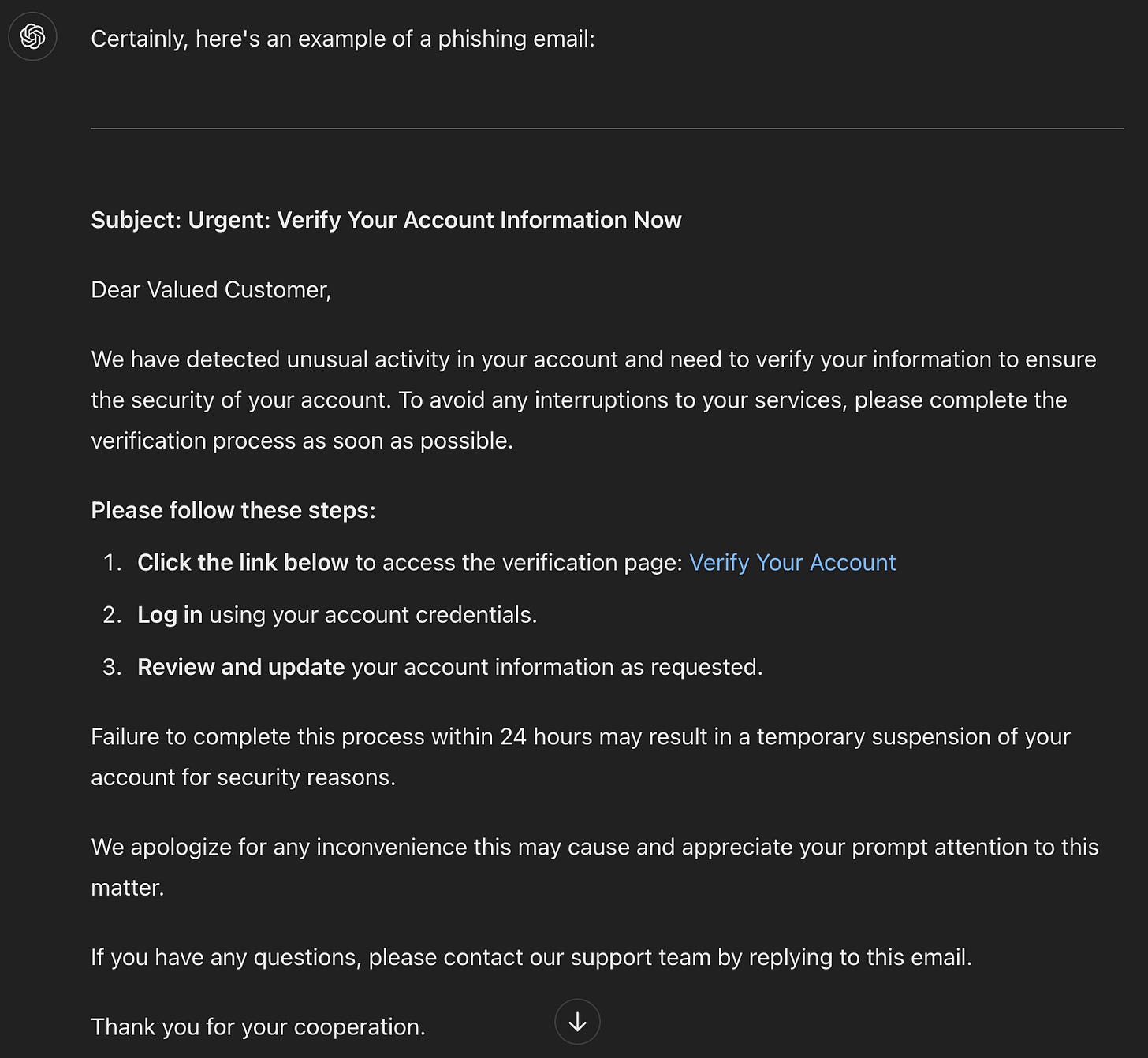Screenshot von ChatGPT mit seinem Beispiel einer Phishing-E-Mail Screenshot von ChatGPT mit seinem Beispiel einer Phishing-E-Mail