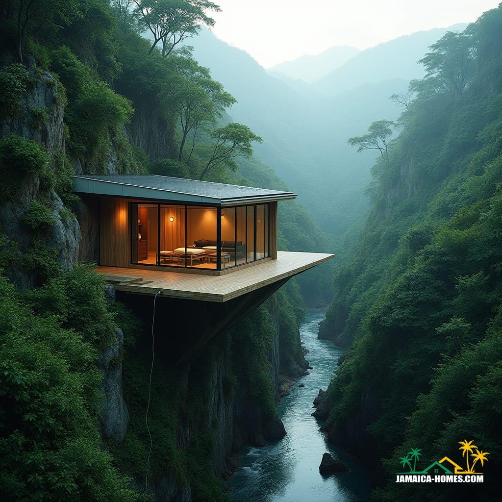 A modern, organic, cantilevered home, nestled into a steep Jamaican mountainside, overlooking a narrow river, with a lightweight steel frame, extensive glass, and a wraparound bamboo deck, blending seamlessly into the lush surroundings, in the style of Ian McHarg, Santiago Calatrava, and Glenn Murcutt, with a cinematic film still aesthetic, shot on 35mm film, featuring visible solar panels, a discreet rainwater collection system, and dramatic, atmospheric lighting, with film grain, vignette, and color grading.