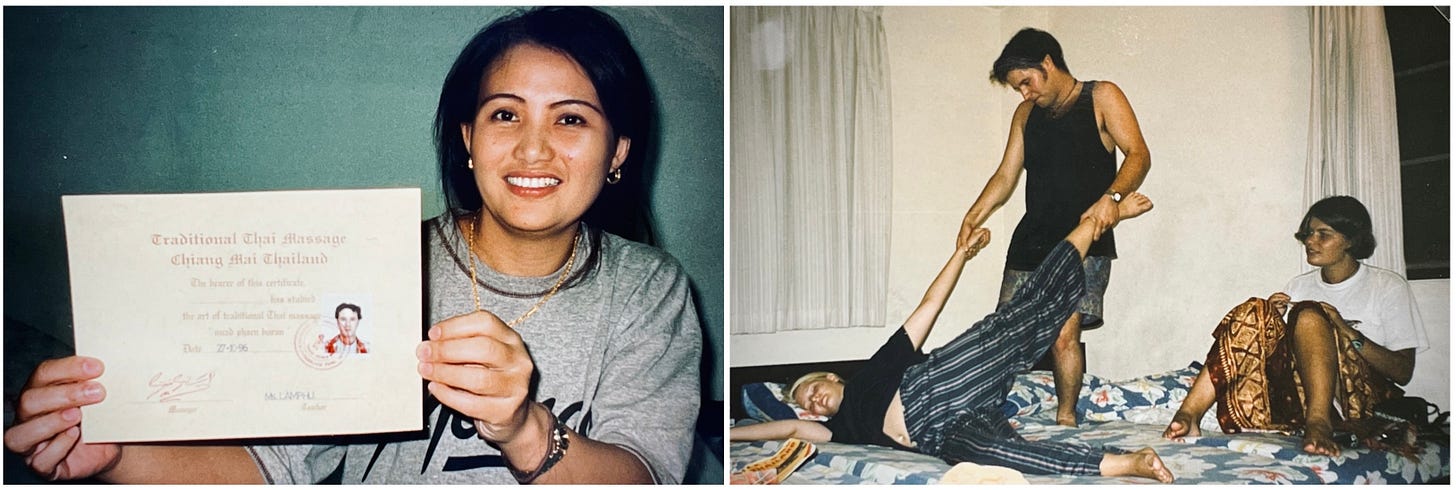 two photos side by side. One has a lady holding up a cirtificate and the other has Christian performing a massage technique on a lady with another lady watching.