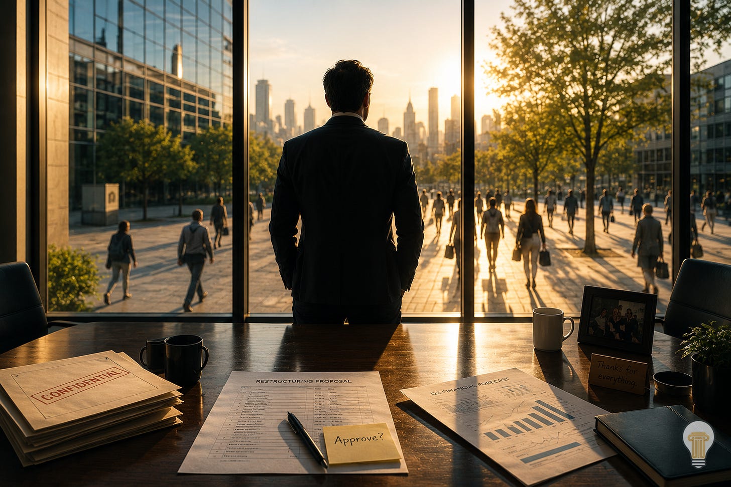 A business leader stands alone in a boardroom overlooking a city plaza at sunset, reviewing confidential restructuring documents while watching people leave work below, symbolising the tension between financial decisions, leadership responsibility, trust, and human consequences.