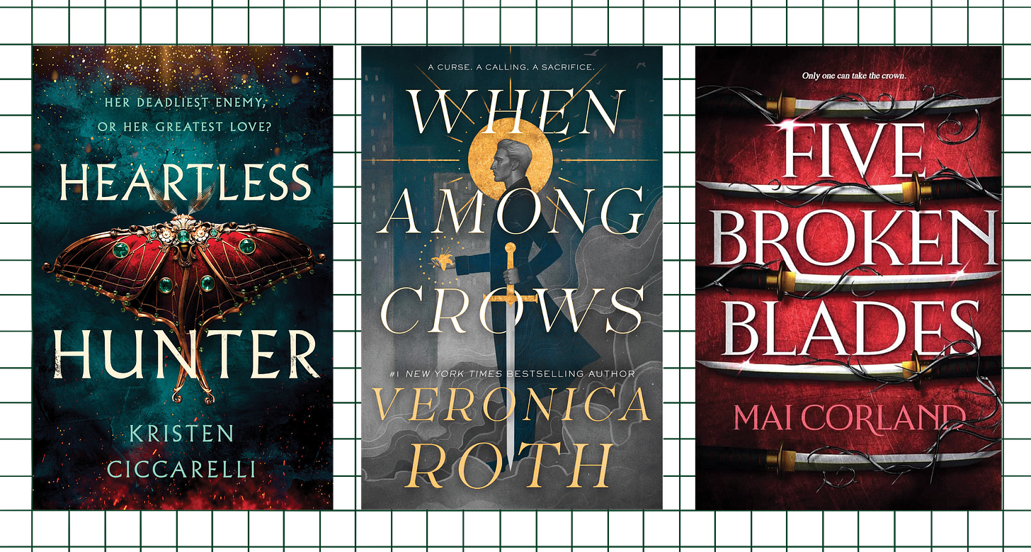 A collage of three fantasy book covers: The Heartless Hunter, When Among Crows, and Five Broken Blades.