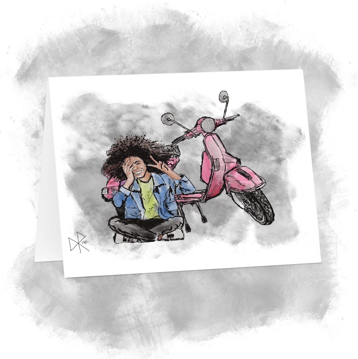 A girl sits cross-legged by a parked Vespa, laughing and making a peace sign with her fingers. Sketch art by Don Rice.