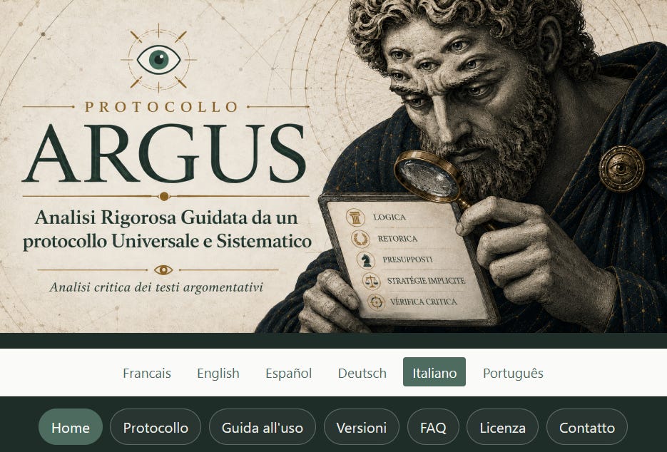 Schermata della pagina iniziale del sito ARGUS. In alto, un banner illustrato mostra il gigante mitologico Argo, dotato di molti occhi, che tiene una lente d'ingrandimento ed esamina una tavoletta su cui compaiono le fasi del protocollo: logica, retorica, presupposti, strategie implicite e verifica critica. Sotto il banner appaiono le linguette delle lingue — francese, inglese, spagnolo, tedesco, italiano, portoghese — poi il menu principale del sito: Home, Protocollo, Guida all'uso, Versioni, FAQ, Licenza, Contatto.