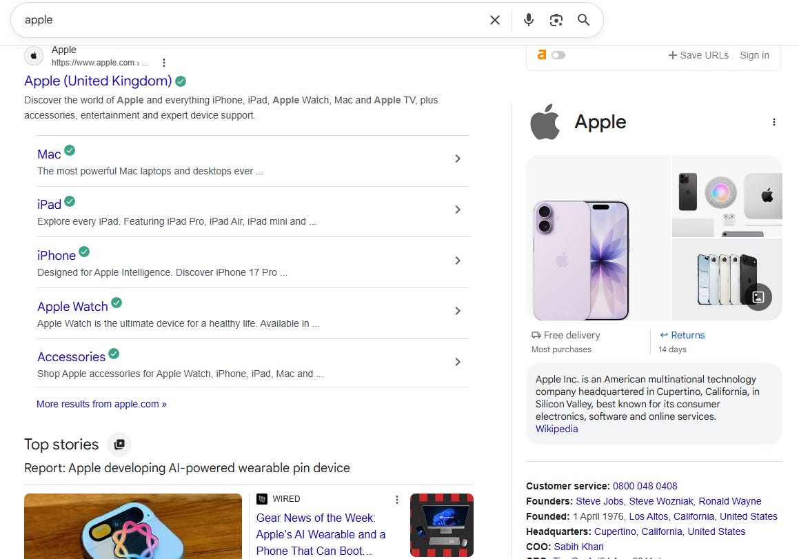 A screenshot of search results for 'apple' in Google A screenshot of search results for 'apple' in Google