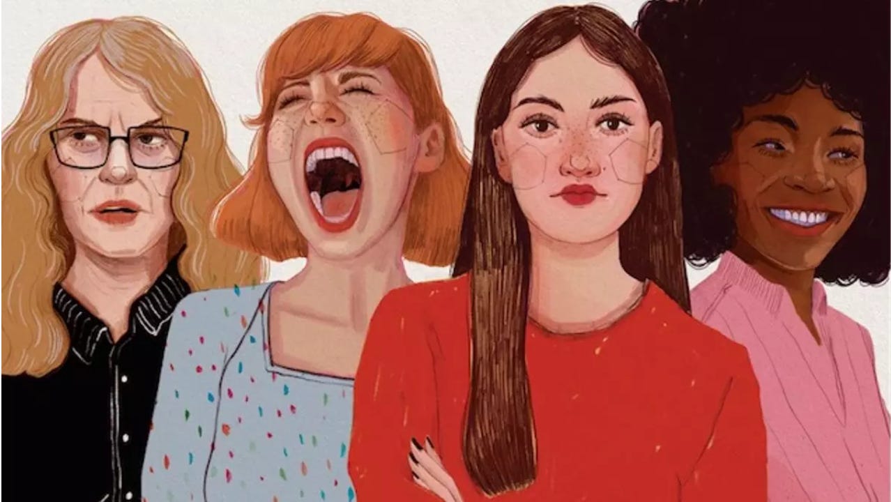 Ritratto illustrato di quattro donne dalle fattezze differenti, tre con la pelle bianca e una con la pelle nera: una è bionda con i capelli lunghi, gli occhiali e l’espressione del viso corrucciata; una ha i capelli rossi a caschetto, la bocca spalancata e gli occhi chiusi in un urlo; la terza ha i capelli lunghi castani che guarda seria l’obiettivo; la quarta ha i capelli neri afro, sorride e guarda lateralmente. Ritratto illustrato di quattro donne dalle fattezze differenti, tre con la pelle bianca e una con la pelle nera: una è bionda con i capelli lunghi, gli occhiali e l’espressione del viso corrucciata; una ha i capelli rossi a caschetto, la bocca spalancata e gli occhi chiusi in un urlo; la terza ha i capelli lunghi castani che guarda seria l’obiettivo; la quarta ha i capelli neri afro, sorride e guarda lateralmente.