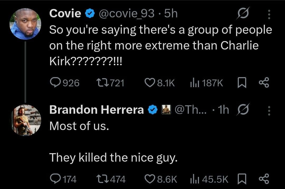 A screenshot of a Twitter/X post exchange. The top part shows a tweet by Covie (@covie93) with a profile image of a man, text in white on a black background. The bottom part shows a reply by Brandon Herrera (@TheAKGuy) with a profile image of a man holding a child, text in white on a black background. Both tweets reference Charlie Kirk. A screenshot of a Twitter/X post exchange. The top part shows a tweet by Covie (@covie93) with a profile image of a man, text in white on a black background. The bottom part shows a reply by Brandon Herrera (@TheAKGuy) with a profile image of a man holding a child, text in white on a black background. Both tweets reference Charlie Kirk.