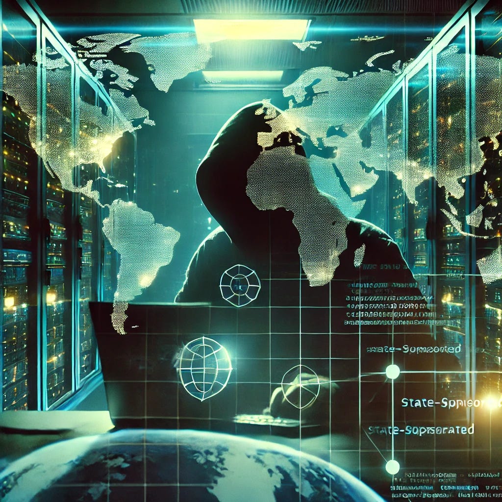 A cinematic-style featured image depicting a dark, cyber environment. The focus is on a high-tech server room with glowing lights, emphasizing the vulnerability of network servers. A shadowy figure, representing a state-sponsored hacker, is in the background, partially obscured, manipulating code on a futuristic interface. Overlaid on the image is a faint map of the world with highlighted lines, symbolizing global cyber threats. The colors should be dark and moody, with blue and green tones dominating, conveying a sense of urgency and danger.