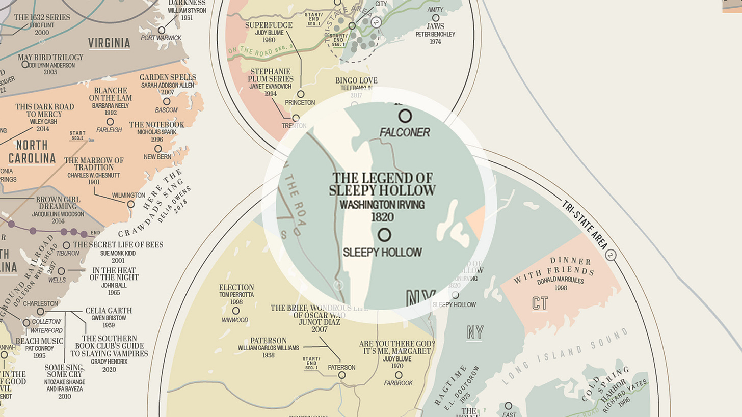 Map highlighting Sleepy Hollow, New York, with a focus on "The Legend of Sleepy Hollow" by Washington Irving, published in 1820. This literary map also labels surrounding areas and themes related to the classic tale.