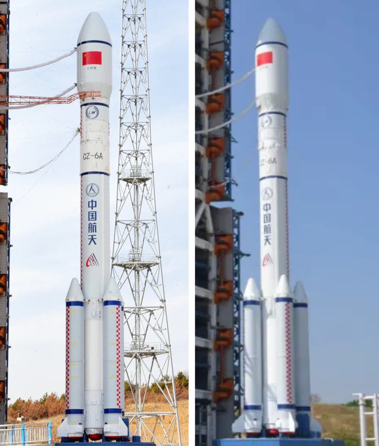 The Long March 6A Y3 vehicle (left) with the normal length fairing and the Long March 6A Y7 vehicle (right) with the elongated fairing. The Long March 6A Y3 vehicle (left) with the normal length fairing and the Long March 6A Y7 vehicle (right) with the elongated fairing.