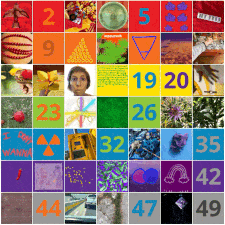 A five-second clip of the animated loop of the 7x7 Rainbow Squared Year 5 grid with 36 squares filled in and the remaining filled with numbers. 