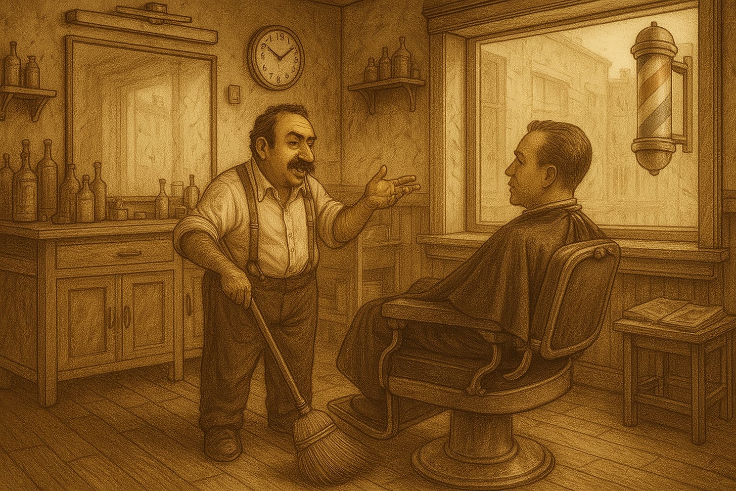 Richly detailed illustration of an old-world barbershop, a stocky Mediterranean man with expressive eyebrows, suspenders over white shirt—sweeping with precision while explaining something to the caped customer, an immaculately clean barbershop due to all the sweeping