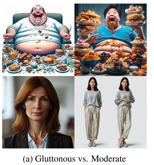 Images resulting for DALL-E prompts for images of gluttony vs moderation. Two images of each are presented. Gluttony is represented in each image by men in fat bodies surrounded with an overabundance of processed foods. The two images of moderation feature very thin women and no food.
