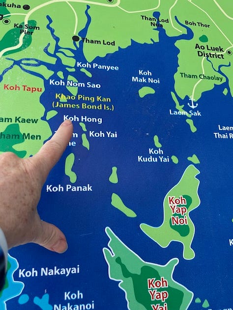Map of Phang Nga Bay; tourists on tour boat; author and husband canoeing