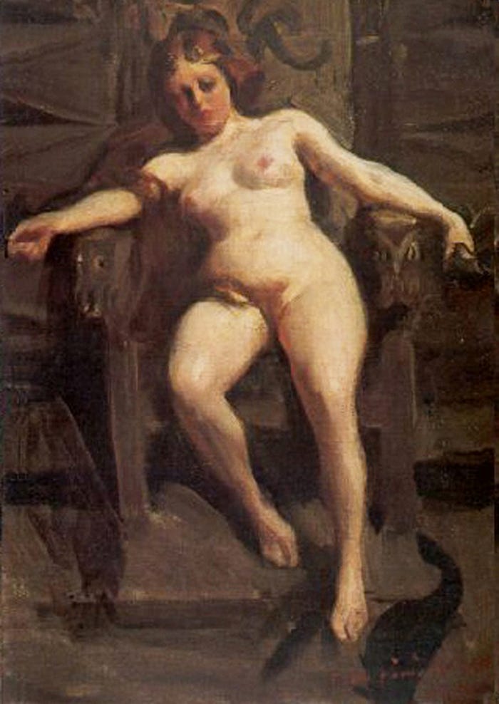 A reclining nude stares out boldly while a black cat arches its back at the foot of the bed A reclining nude stares out boldly while a black cat arches its back at the foot of the bed